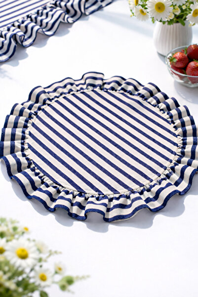 Mirilliahome Linen Frilly Placemat American Style Set of 6 Navy Blue White Striped 40 cm Round