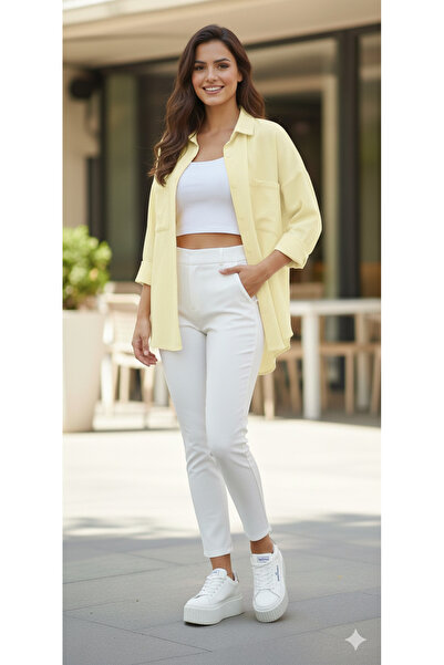 MODA Limon sarı tatlış çift cepli keten düğmeli gömlek