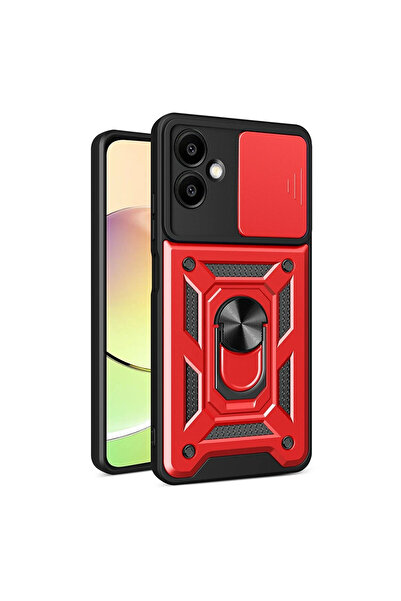 NewFace جراب سامسونج جالاكسي A07 4G من السيليكون مع حلقة للعدسة - أحمر