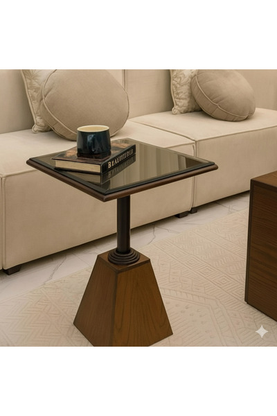 terndat طاولة خدمة خشب بني عمود أسود سطح زجاج مراية