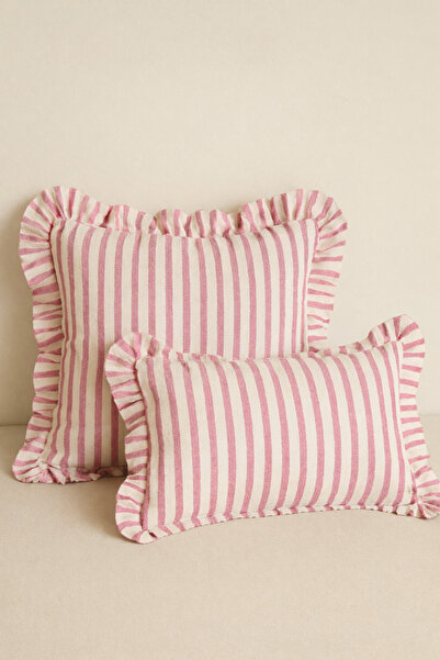 Mirilliahome Ruffled Linen Throw Pillow Cover Set of 2 Pink Striped 50X30 and 43X43 cm
