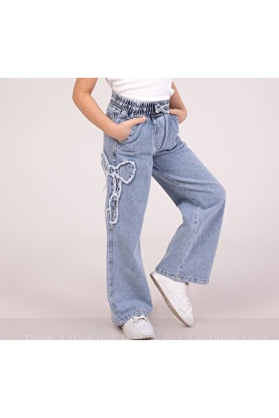 Dmb بنطلون جينز للفتيات بخصر مطاطي وأربطة وشرائط زخرفية وجيوب، قماش ناعم الملمس