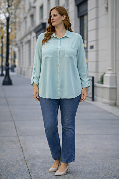 Ekol Plus Size Double Pocket Hidden Button Foldable Sleeve Shirt