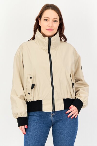 Andrew Marc Women Plain Bomber Jacket, Beige