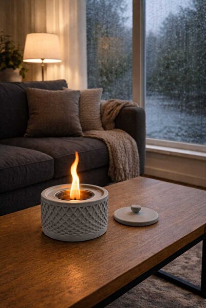 Karra Art Beton Mini Şömine | El Yapımı Masa Üstü Şömine | Modern Ev Dekoru Gri