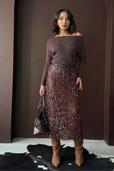 TOPSHOW Kahve Tüy Pullu Etek