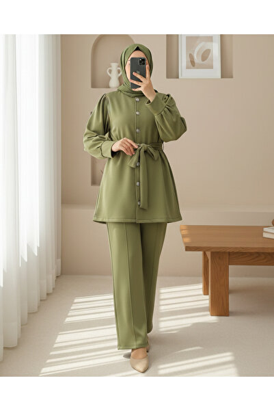 Modamorfo Beli Belted Buttoned Front Pants Scuba Suit - Khaki