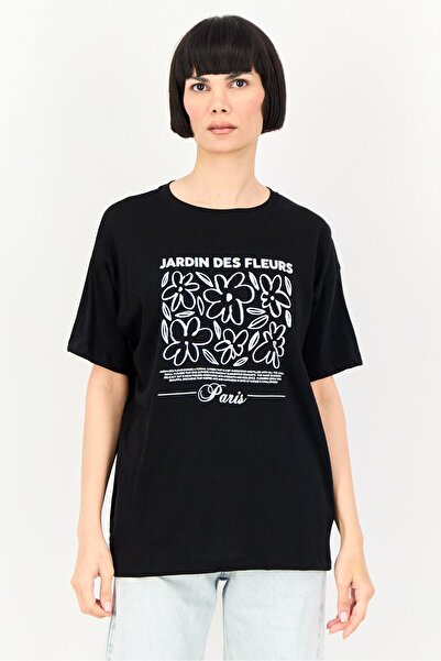 Brave Soul Women Crew Neck Short Sleeve Graphic Print T-Shirt, Black