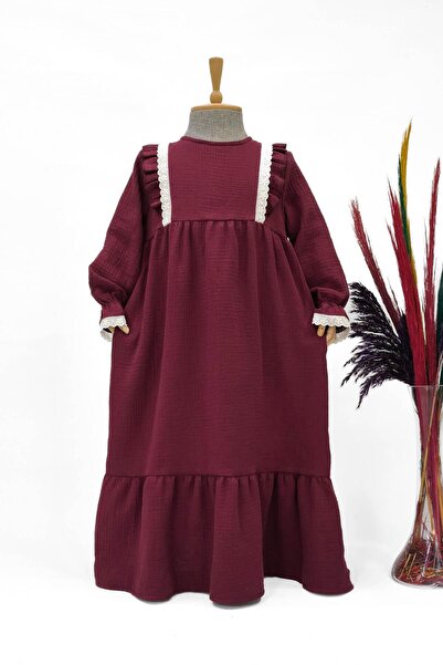 Betül Akbay Girl's Ruffled Muslin Dress - Fairy Tale Model Long Hijab Dress Burgundy