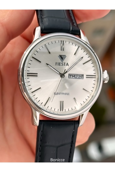 Fiesta Black Leather Cord, Steel Silver Case, Men's Wristwatch with Calendar with Bracelet Gift