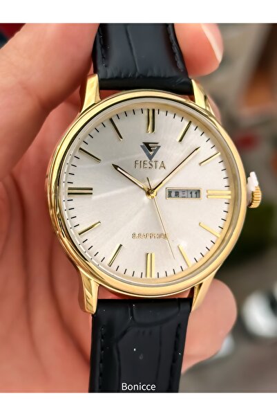 Fiesta Black Leather Cord, Steel Yellow Case, Men's Wristwatch with Calendar with Bracelet Gift