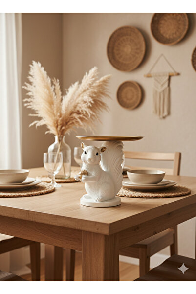 Tual Hobi Sanat Dekoratif Lüks Sunumluk Tepsili Sincap Biblo (El Boyaması 20x...