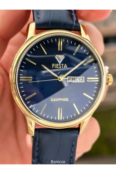 Fiesta Navy Blue Leather Cord, Steel Yellow Case, Men's Wristwatch with Calendar and Bracelet Gift