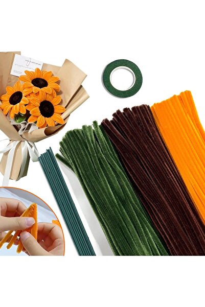 Hobialem 75 Adet 3'lü Şönil Seti, Turuncu(25) , Haki Yeşil(25) ve Kahverengi (25) Çiçek Teli ve Çiçek Bandı