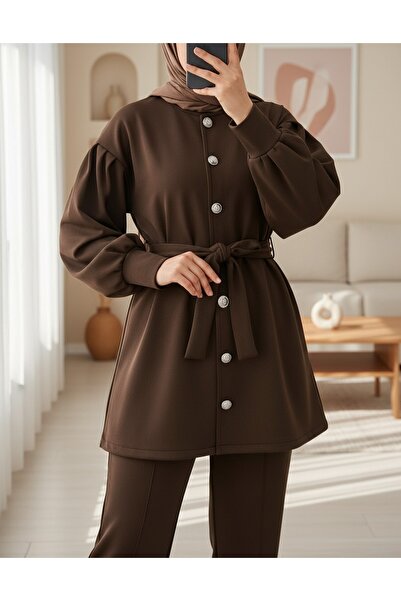 Modamorfo Beli Belted Buttoned Front Pants Scuba Suit - Brown