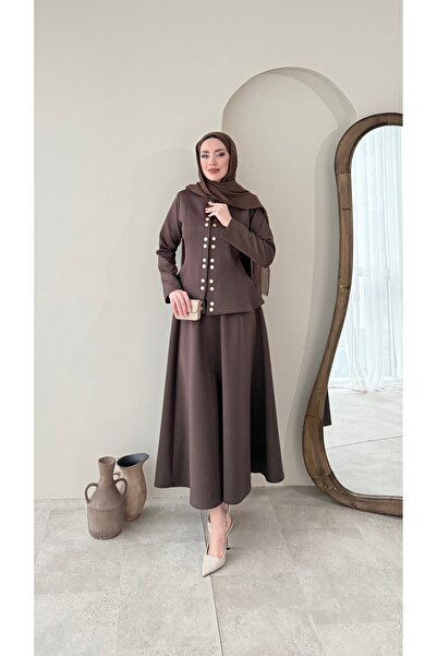 Miraydın Butik Button Detailed Skirted Scuba Suit - Brown