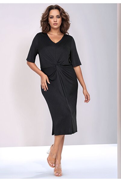 MAMAYAGA Women's V-Neck Plus Size Front Knot Asymmetrical Cut Three Quarter Sleeve Stylish Curve Evening Dress