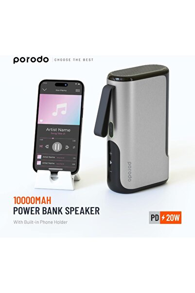 porodo مكبر صوت باور بانك بسعة 10000 مللي أمبير مع شحن سريع بقوة 20 واط وحامل هاتف مدمج - فضي
