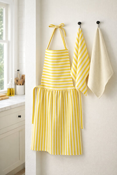 Mirilliahome Set of 3 Striped Linen Kitchen Apron and Tea Towel