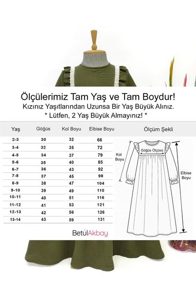 Betül Akbay Girl's Ruffled Muslin Dress - Fairy Tale Model Long Hijab Dress Khaki
