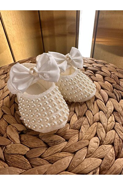 Massaltay Baby Girl Pearl Detailed Bow Shiny Booties – 0-6 Months Luxury Velc...