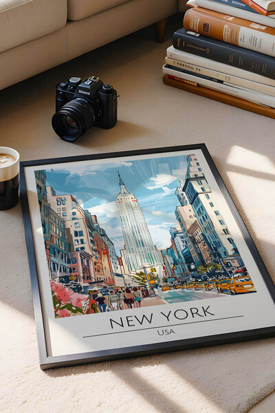 e2nova ABD New York Temalı Çerçeveli Tablo Travel Serisi Modern İllüstrasyon ...