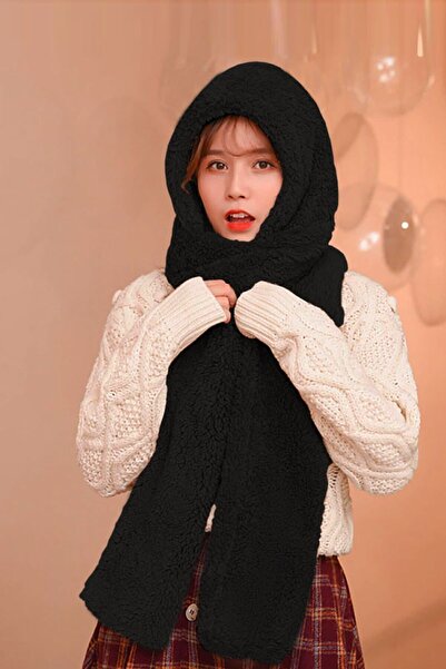 Bundeba Kulaksız Scarf Siyah Kapşonlu Kadın Peluş Bere Atkı Kadın Welsoft Boy...