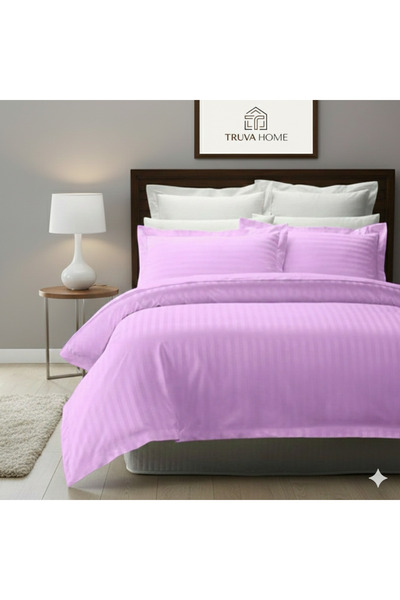 Truva Grup Double Bed Linen with Elastic - Premium Damask 6 Pieces, 180X200 cm, Satin Stripe Pattern