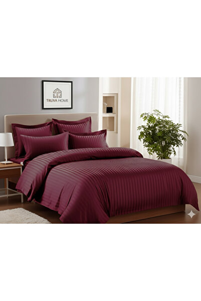 Truva Grup Double Bed Linen with Elastic - Premium Damask 6 Pieces, 180X200 cm, Satin Stripe Pattern