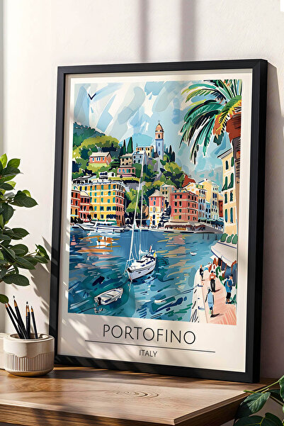 e2nova İtalya Portofino Temalı Çerçeveli Tablo Travel Serisi Modern İllüstras...