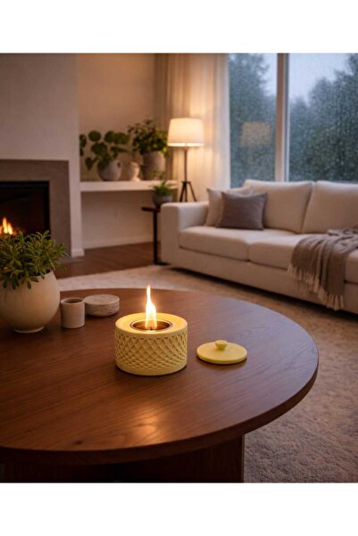 Karra Art Beton Mini Şömine | El Yapımı Masa Üstü Şömine | Modern Ev Dekoru Sarı