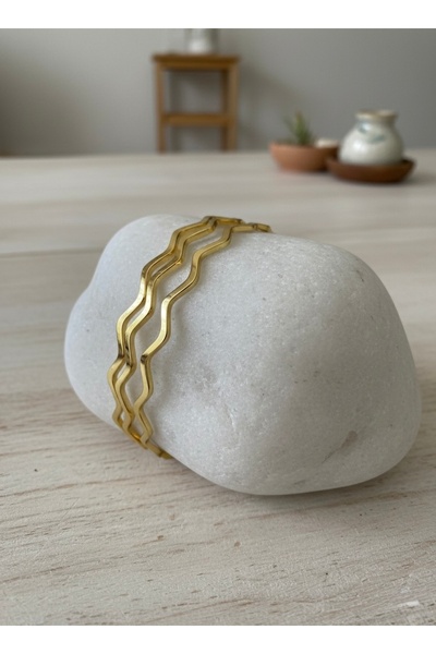 çelik takı KADIN 3LÜ ZİGZAG MODEL GOLD PASLANMAZ KARARMAZ ÇELİK AJDA BİLEZİK ...