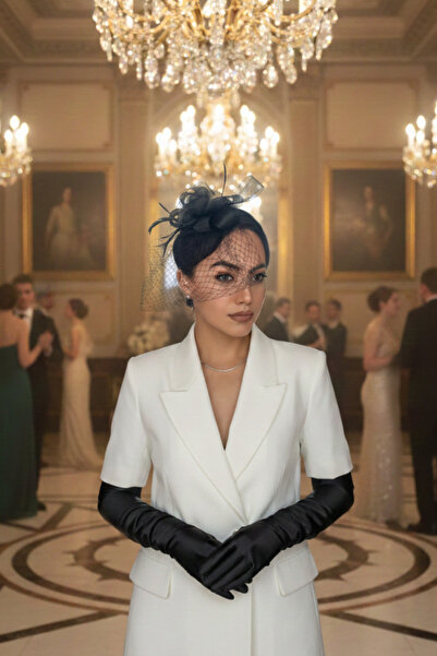shop Set de voal negru cu plasă largă și mănuși lungi din satin - Combinație ...