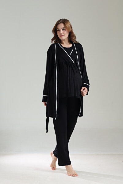 Rimel Homewear طقم بيجامة للحوامل بخصر قابل للتعديل باللون الأسود حواف أسطوانية