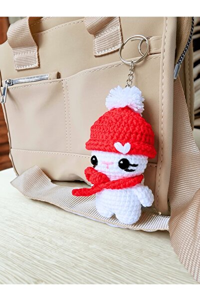 rmys Atkı Detaylı, Ponponlu Bereli Amigurumi Kedi Anahtarlık- Kırmızı