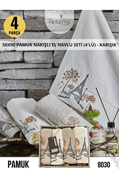 Dantela KOD-8030 50X90 PAMUK NAKIŞLI VE PÜSKÜLLÜ EL HAVLU SETİ (4'LÜ) - KARIŞIK