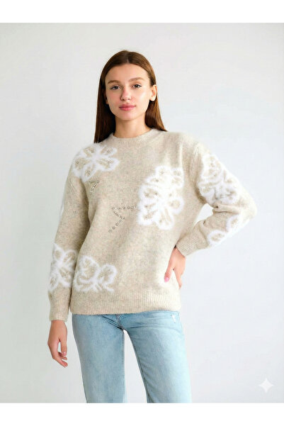 Robin T95136 Taş ve İnci işleme Detaylı Bisiklet Yaka Yumuşak Doku Kadın Kazak Taş