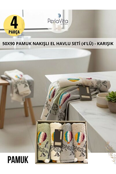 Dantela Kapadokya 50X90 PAMUK NAKIŞLI VE PÜSKÜLLÜ EL HAVLU SETİ (4'LÜ) - KARIŞIK