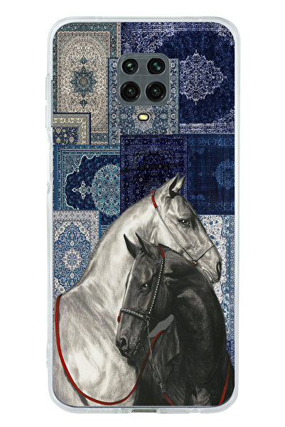 TechTree Redmi Note 9 PRO-9S Uyumlu Mavi Kilim Desenli Siyah ve Beyaz At Bask...