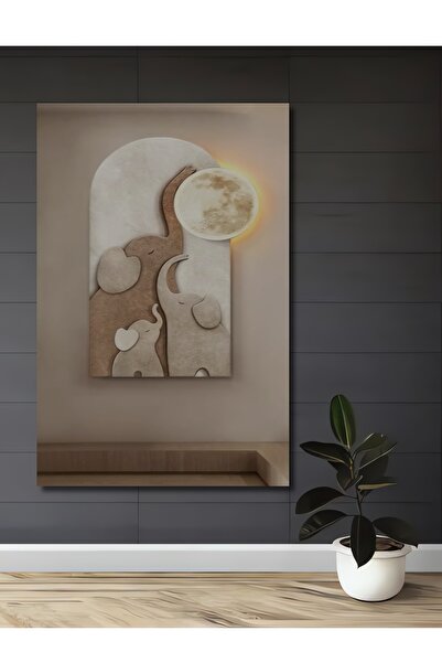 Teona Ahşap Fil Ailesi Ay Işığı Görünümlü Ahşap Dekoratif Ev,Antre,Salon,Ofis...