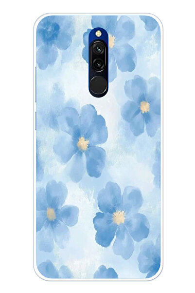 TechTree Redmi 8 Uyumlu Mavi Çiçekler Baskılı Silikon Kılıf