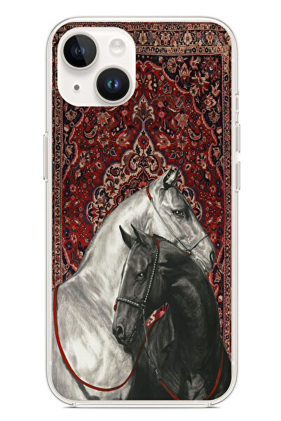 TechTree iPhone 13-14 Uyumlu Geleneksel Halı Motifli Siyah Beyaz At Baskılı S...