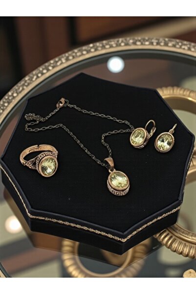 kapris concept saf bakır antialerjik doğal taş sitrin & safir kolye,küpe, yüzük takı seti