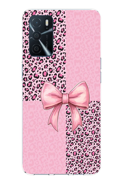 TechTree Oppo A16 Compatible Pink Leopard Pattern and Ribbon Printed Silicone Case