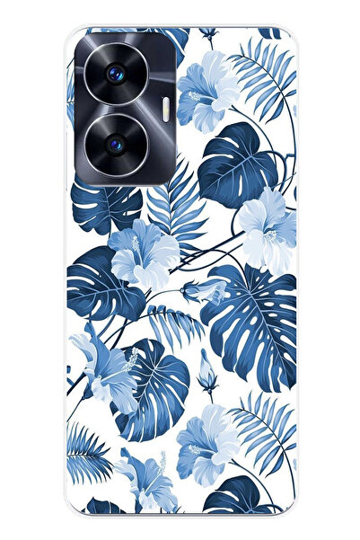 TechTree حافظة سيليكون مطبوع متوافقة مع ريلمي سي55 بنمط أوراق الشجر الزرقاء و...