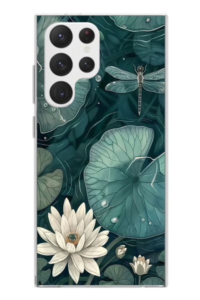 TechTree حافظة سيليكون متوافقة مع هاتف سامسونج جالاكسي S22 ألترا باللون الأخضر على شكل زهرة اللوتس واليافوت مطبوع