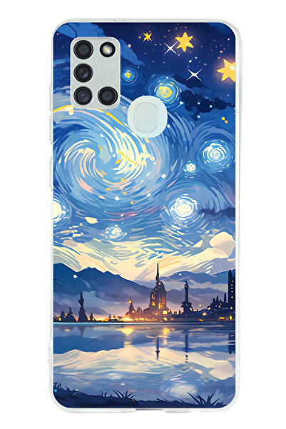 TechTree حافظة سيليكون متوافقة مع هاتف سامسونج جالاكسي A21S بتصميم السماء المرصعة بالنجوم وصورة مدينة مطبوع