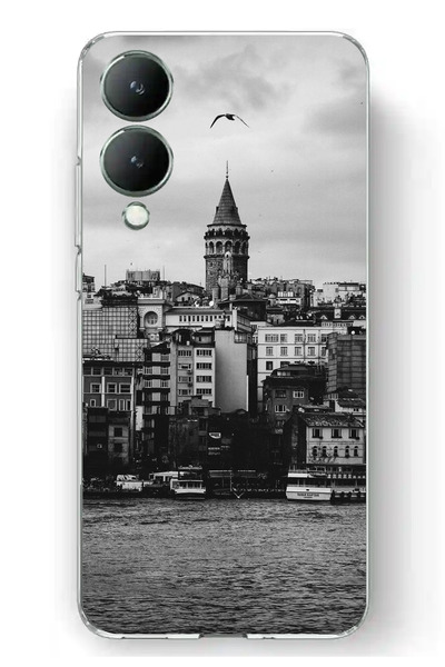 TechTree جراب سيليكون متوافق مع هاتف Vivo Y17s مع مناظر برج غالاتا والبحر مطبوع