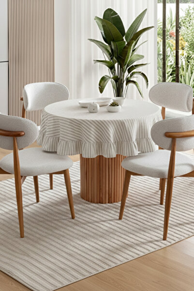 MZN Home Fırfırlı Sütlü Kahve Şeritli Yuvarlak Masa Örtüsü – %100 Doğal Pamuk...