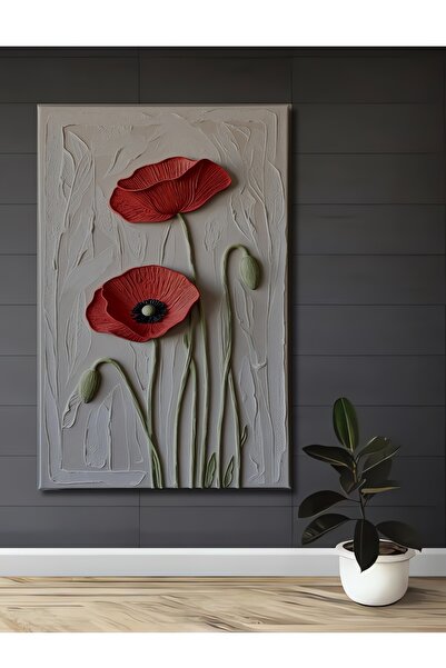 Teona Ahşap Kırmızı Gelincik Yağlı Boya Görünümlü Dekoratif Ahşap Ev,Antre,Sa...